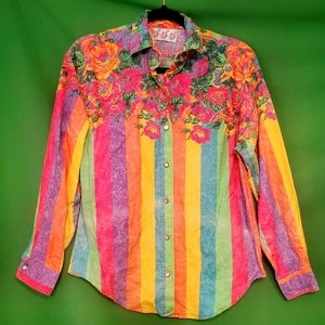 Vintage rainbow floral striped 70s/80s pride colors cotton button up dress shirt
